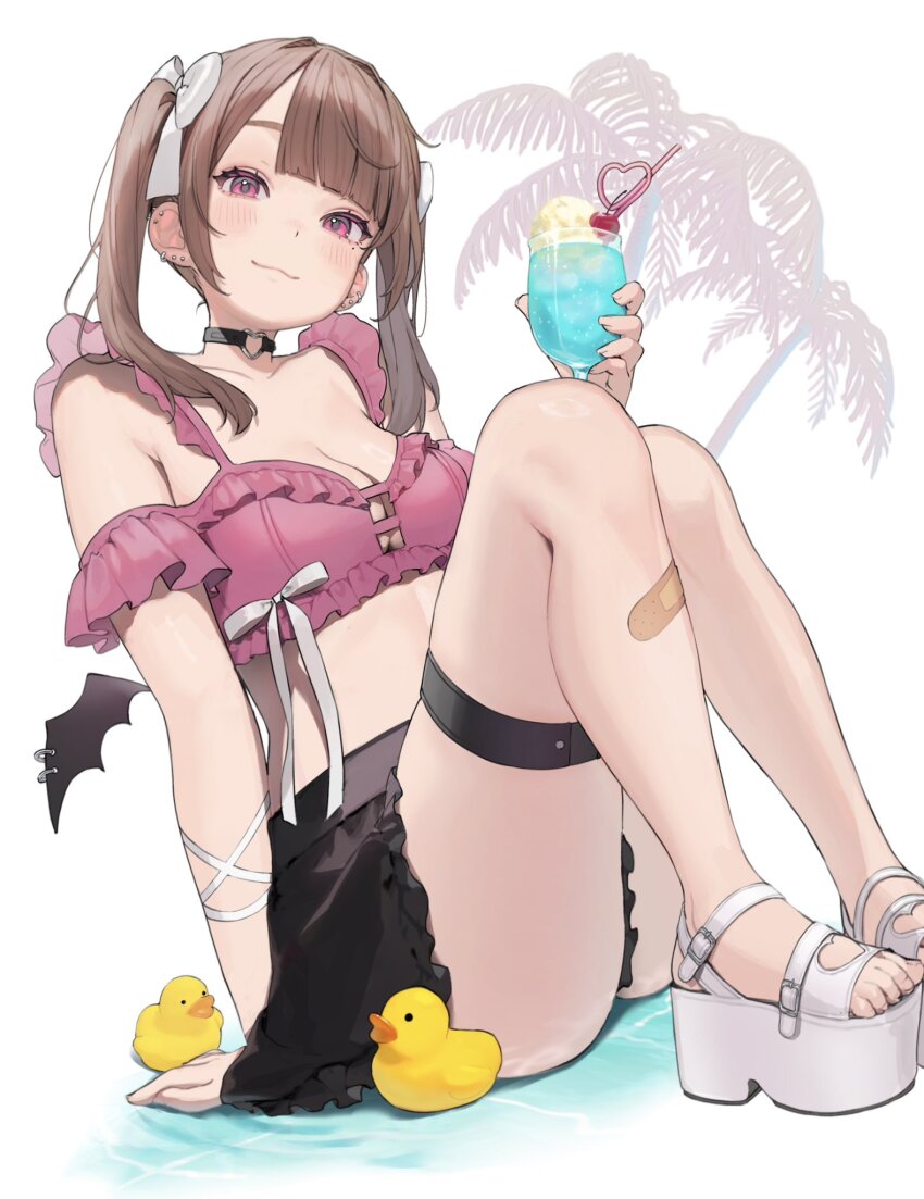 1girl arm_support bandaid bandaid_on_leg barbell_piercing black_choker black_skirt blush bow breasts brown_hair cherry choker cleavage closed_mouth commentary crazy_straw crop_top cup demon_wings drink drinking_straw dutch_angle ear_piercing earrings feet food frilled_shirt frilled_skirt frills fruit hair_bow hamunezuko_(nezukonezu32) head_tilt heart heart_o-ring heart_ring_choker heart_straw highres holding holding_cup holding_drink ice_cream jewelry knees_up long_hair looking_at_viewer medium_breasts midriff mole mole_under_eye o-ring o-ring_choker original palm_tree piercing pink_eyes pink_shirt platform_sandals rubber_duck sandals shirt sitting skirt smile solo symbol-only_commentary thigh_strap toes tree twintails white_background white_bow white_sandals wing_piercing wings