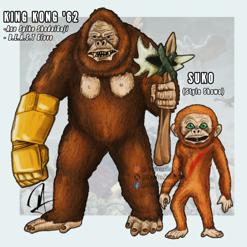 animal ape axe b.e.a.s.t._glove battle_axe bone_axe bone_weapon brown_fur crossover darfrezillaarts gauntlets godzilla_(series) godzilla_x_kong:_the_new_empire gorilla green_eyes highres kaiju king_kong king_kong&#039;s_battle_axe king_kong_(series) king_kong_vs._godzilla legendary_pictures monsterverse no_humans open_mouth orange_fur oversized_animal suko_(monsterverse) teeth weapon