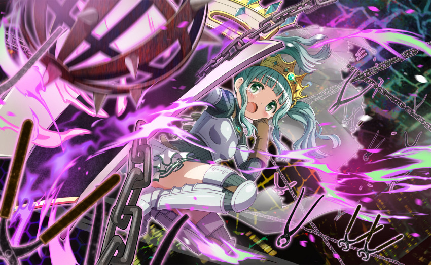 1girl armlet armor armored_boots artist_request blunt_bangs boots breastplate brown_gloves chain crown dot_nose fire floating_clothes floating_hair frilled_skirt frills full_body futaba_sana game_cg gloves gold_crown green_eyes green_hair green_sweater green_thighhighs grey_boots highres holding holding_shield jewelry knee_boots knee_pads kneeling light_blush long_hair long_sleeves looking_at_viewer magia_record:_mahou_shoujo_madoka_magica_gaiden magical_girl mahou_shoujo_madoka_magica mahou_shoujo_madoka_magica_magia_exedra miniskirt official_art open_mouth purple_fire scared shield single_knee_boot skirt solo striped_clothes striped_thighhighs sweater thighhighs turtleneck turtleneck_sweater twintails veil vertical-striped_clothes vertical-striped_thighhighs wavy_hair white_skirt white_veil witch&#039;s_labyrinth