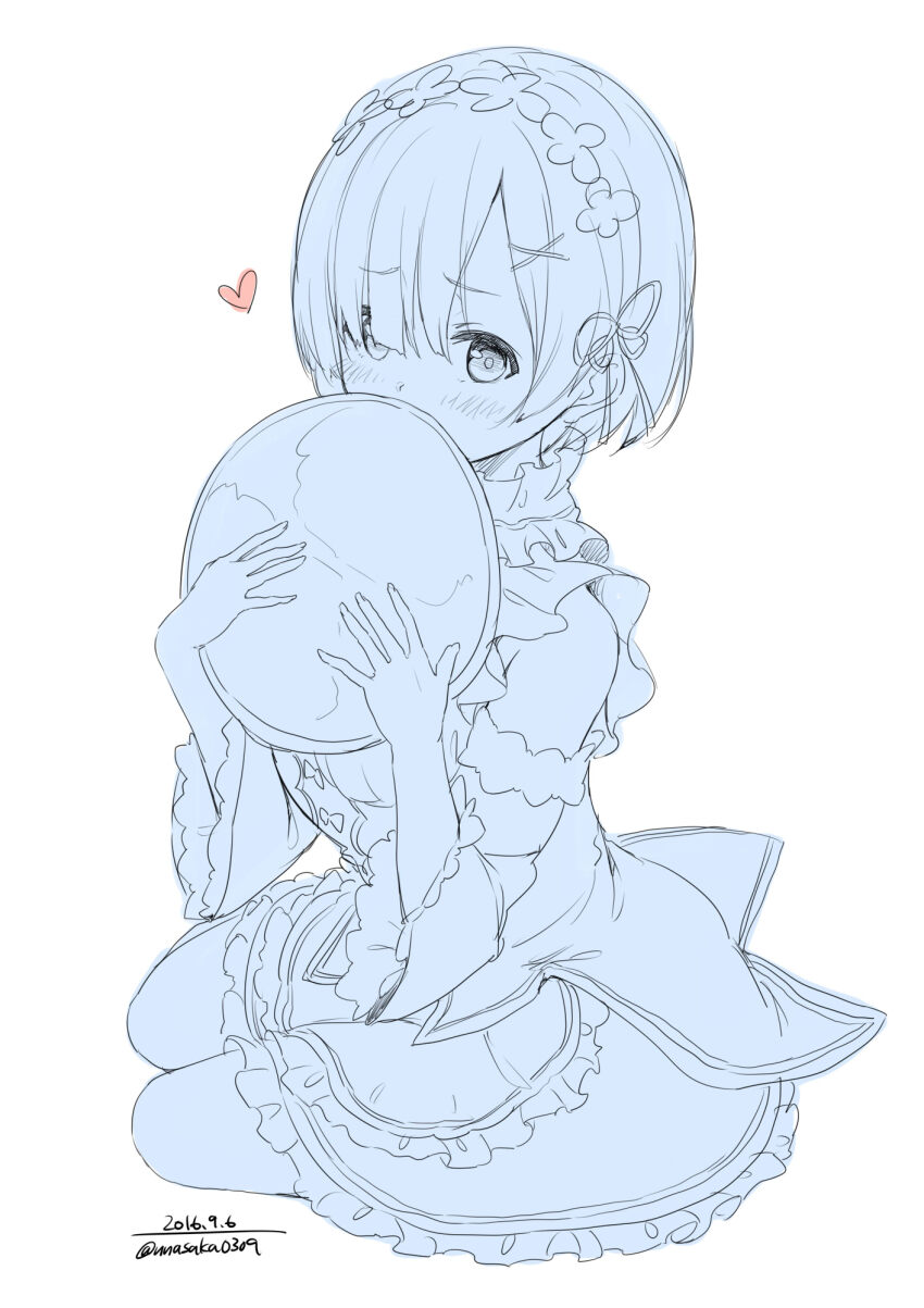 1girl apron bare_shoulders blue_theme blunt_bangs blush bow_button choker circle_skirt coattails covered_mouth dated detached_sleeves dot_nose flower_hairpin flower_knot frilled_apron frilled_choker frilled_skirt frilled_sleeves frills full_body hair_ornament hair_over_one_eye hair_ribbon hairclip heart highres holding holding_tray kneeling long_sleeves maid miniskirt monochrome re:zero_kara_hajimeru_isekai_seikatsu rem_(re:zero) ribbon shirt short_hair shy simple_background skirt sleeveless sleeveless_shirt solo spot_color tareme tray twitter_username unasaka_ryou white_background x_hair_ornament