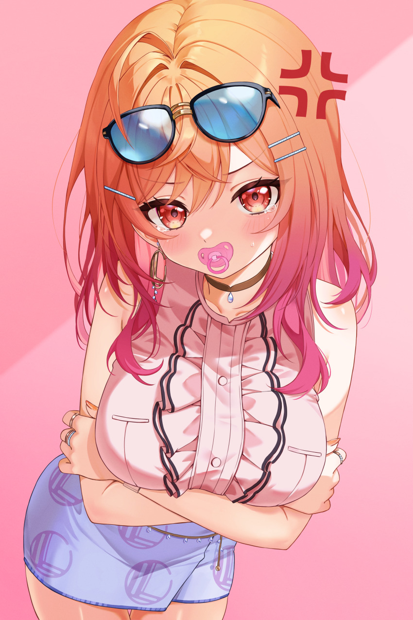 1girl 4kimizuki absurdres ahoge anger_vein arms_under_breasts blouse breasts center_frills colored_inner_hair commentary_request crossed_arms crossed_bangs earrings eyewear_on_head frills gold_choker gradient_hair hair_ornament hairclip highres hololive hololive_dev_is ichijou_ririka ichijou_ririka_(1st_costume) jewelry large_breasts long_hair looking_at_viewer miniskirt mouth_hold multicolored_hair orange_eyes orange_hair pacifier pencil_skirt pink_background pink_hair pink_shirt purple_skirt shirt shirt_tucked_in simple_background skirt sleeveless sleeveless_shirt solo sunglasses swept_bangs tearing_up virtual_youtuber