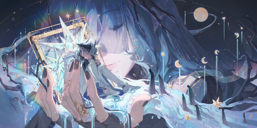 1boy 1girl arknights black_nails cloak closed_eyes earrings fingerless_gloves floating_earrings framed giant giantess gloves head_rest head_wings highres jewelry knees_up logos_(arknights) long_hair mother_and_son nail_polish pointy_ears portrait laqeramaline_(arknights) ring sitting size_difference smusmuye tree veil wings