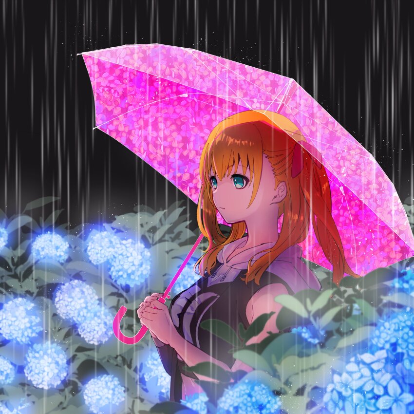 1girl absurdres aqua_eyes blue_flower commentary_request flower from_side hair_ribbon highres holding holding_umbrella hydrangea iroha_tsuki looking_ahead medium_hair nk6kmnmn orange_hair parted_lips pink_umbrella rain red_ribbon ribbon solo tribe_nine two_side_up umbrella upper_body