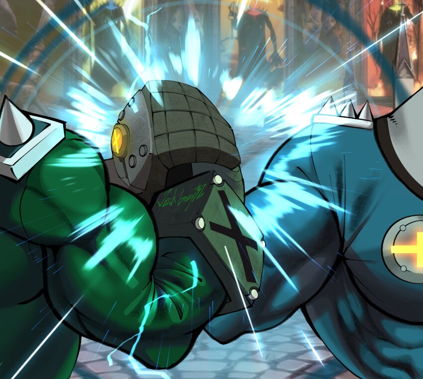 2boys clone green_jacket guilty_gear guilty_gear_strive highres jack_gray32 jacket long_sleeves male_focus multiple_boys muscular muscular_male potemkin_(guilty_gear)