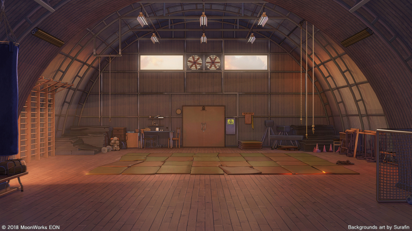 3d air_conditioner ball ceiling ceiling_light door evening gym highres indoors interior ladder mat no_humans original punching_bag rope scenery soccer soccer_ball sunlight sunset surafin traffic_cone window window_shadow wireframe wooden_floor