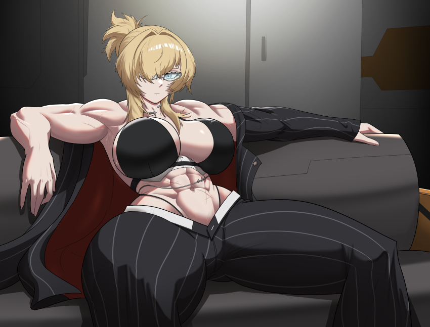 1girl abs absurdres balgart breasts choker cross cross_choker formal_clothes goddess_of_victory:_nikke grave_(beautiful_you)_(nikke) grave_(nikke) highres leather_bikini multiple_scars muscular muscular_female navel official_alternate_costume pants pinstripe_jacket pinstripe_pants pinstripe_pattern pinstripe_suit scar scar_on_stomach solo suit