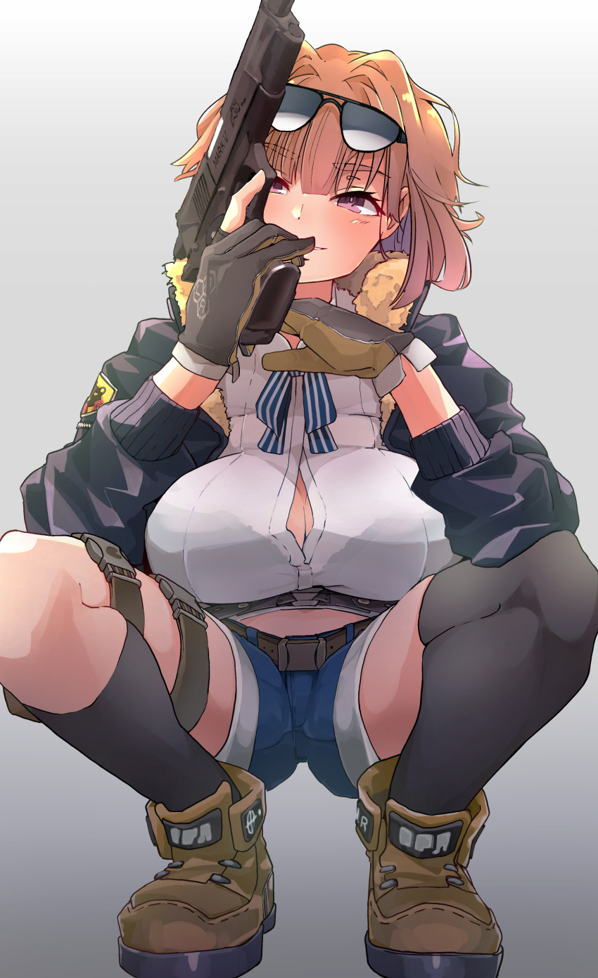 1girl absurdres artist_request asymmetrical_legwear aviator_sunglasses black_socks blue_ribbon blue_shorts breasts brown_hair brown_shoes button_gap cleavage denim denim_shorts eyewear_on_head girls&#039;_frontline gloves grizzly_mkv_(girls&#039;_frontline) gun handgun highres holding holding_gun holding_weapon holster jacket kneehighs koyansuee l.a.r._manufacturing lar_grizzly_win_mag large_breasts long_sleeves neck_ribbon open_clothes open_jacket partially_fingerless_gloves purple_eyes ribbon shirt shoes short_hair short_shorts shorts single_kneehigh single_sock single_thighhigh socks solo spread_legs squatting striped_ribbon sunglasses thigh_holster thigh_strap thighhighs trigger_discipline uneven_legwear weapon white_shirt