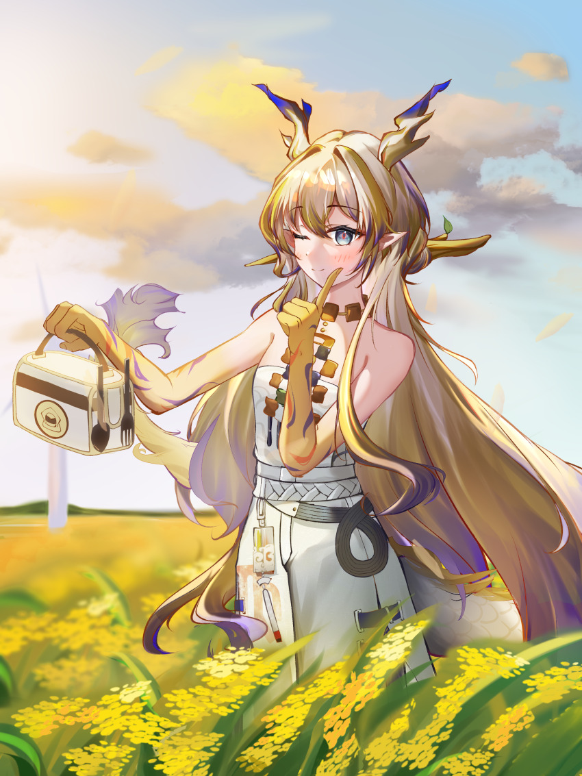 1girl ;) absurdres arknights bare_arms bare_shoulders belt blonde_hair blue_eyes chinese_commentary closed_mouth colored_extremities commentary_request cowboy_shot day dragon_girl dragon_horns finger_to_cheek flower fork hair_between_eyes hair_intakes highres holding hong_ben_hong horns jewelry long_hair multicolored_hair necklace no_jacket one_eye_closed outdoors partial_commentary plant pointy_ears purple_hair shu_(arknights) smile solo spoon standing strapless tube_top very_long_hair white_belt white_hair white_tube_top wind yellow_flower