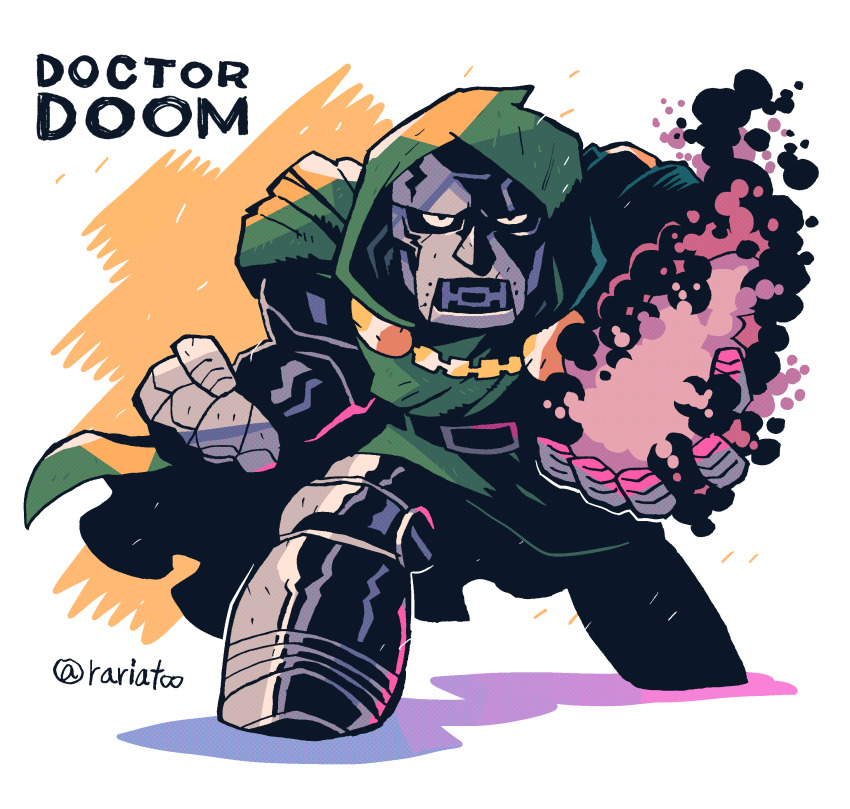 1boy absurdres armor armored_boots belt boots cape clenched_hand commentary contrapposto doctor_doom energy_ball english_commentary fantastic_four full_armor gauntlets gloves greaves green_cape green_hood highres hood hunched_over looking_at_viewer male_focus marvel marvel_vs._capcom marvel_vs._capcom_3 mask rariatto_(ganguri) shoulder_armor solo twitter_username