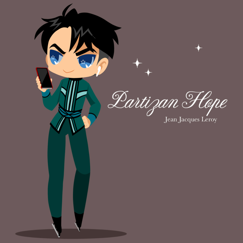 1boy :&gt; air_pods airpods black_hair blue_eyes brown_background cellphone character_name earphones english_text green_pants hand_on_own_hip highres ice_skates jean-jacques_leroy kaorin_minogue male_focus pants phone skates smartphone sparkle star-shaped_pupils star_(symbol) symbol-shaped_pupils wireless_earphones yuri!!!_on_ice