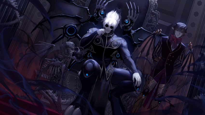 2boys artist_request black_hair check_artist closed_mouth cyril_(tevi) demon_boy demon_wings ein_lee game_cg highres hollow_eyes long_sleeves male_focus multiple_boys non-web_source pointy_ears short_hair sitting smile standing tevi vassago_(tevi) white_hair wings