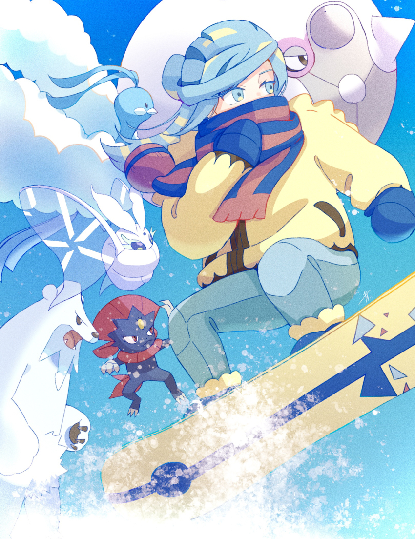 1boy altaria beartic blue_footwear blue_mittens boots cetitan commentary_request day floating_hair frosmoth gen_3_pokemon gen_4_pokemon gen_5_pokemon gen_8_pokemon green_eyes green_hair green_pants grusha_(pokemon) hand_up highres jacket long_hair long_sleeves male_focus mittens nintendo outdoors pants pokemon pokemon_(creature) pokemon_sv risui_ao scarf snowboard snowboarding squatting striped_clothes striped_scarf weavile yellow_jacket