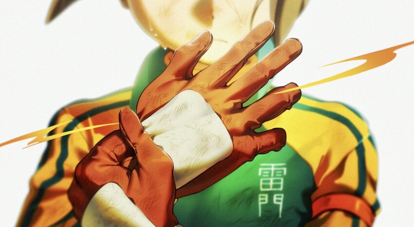1boy adjusting_clothes adjusting_gloves armband blurry brown_gloves brown_hair close-up commentary_request crying depth_of_field electricity endou_mamoru eyes_out_of_frame foreshortening gloves goalkeeper head_out_of_frame highres inazuma_eleven inazuma_eleven_(series) male_focus medium_hair omisotayan raimon raimon_soccer_uniform red_armband soccer_uniform solo sportswear tears two-tone_gloves white_gloves