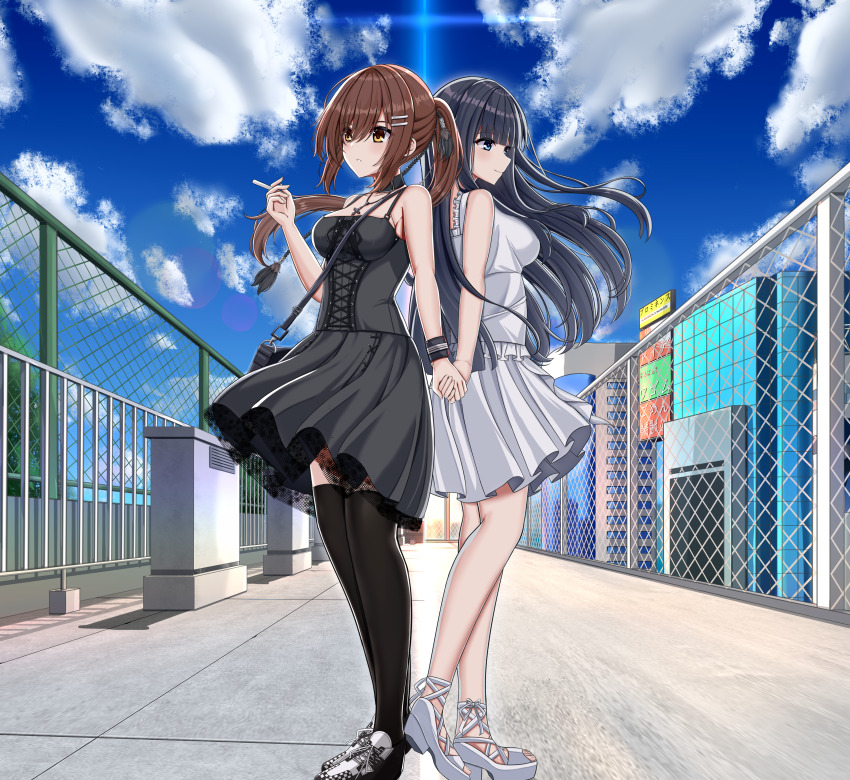 2girls =_hair_ornament absurdres back-to-back black_dress black_hair black_shoes black_thighhighs blue_eyes blue_sky blunt_bangs blunt_ends breasts brown_eyes brown_hair chinese_commentary cigarette closed_mouth cloud cloudy_sky commentary_request cross cross_necklace day dress floating_clothes floating_hair frilled_dress frills full_body hair_between_eyes hair_ornament hairclip hand_up highres hime_cut holding holding_cigarette holding_hands jewelry ke-zu large_breasts long_hair looking_ahead minakami_yuki mixed-language_commentary multiple_girls necklace outdoors parted_lips perspective pleated_dress ponytail sandals shoes sky sleeveless sleeveless_dress smile smoking standing subarashiki_hibi takashima_zakuro thighhighs very_long_hair white_dress