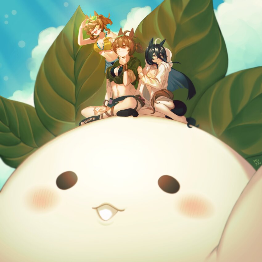 +_+ 1other 3girls absurdres agnes_tachyon_(lunatic_lab)_(umamusume) agnes_tachyon_(umamusume) ahoge animal_ears artist_name bare_shoulders belt black_hair brown_hair commentary criss-cross_halter daikon eyewear_on_head green_jacket hair_between_eyes halterneck highres horse_ears horse_girl horse_tail jacket jungle_pocket_(tobasuze_hot_summer!)_(umamusume) kii-kun_(agnes_tachyon)_(umamusume) leather_wrist_straps manhattan_cafe_(tobasuze_hot_summer!)_(umamusume) manhattan_cafe_(umamusume) mujintou_png multiple_girls navel official_alternate_costume official_alternate_hairstyle radish sandals sitting sunglasses symbol-only_commentary tail test_tube thigh_belt thigh_strap tied_jacket umamusume white_hair wrist_straps yellow_eyes