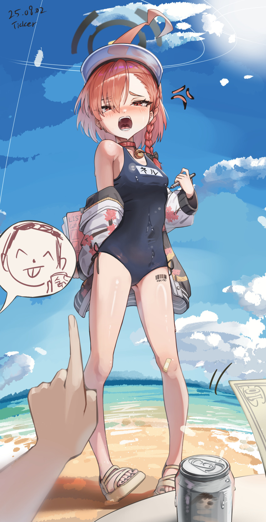 1boy 1girl absurdres ahoge alternate_costume anger_vein angry arm_behind_back artist_name bandaid bandaid_on_knee bandaid_on_leg banknote barcode barcode_tattoo bare_legs bare_shoulders beach beer_can bell black_bow blue_archive blue_one-piece_swimsuit blue_sky blush body_writing bow braid breasts can cloud collar commentary covered_navel dated day doodle_sensei_(blue_archive) drink_can earrings feet gluteal_fold hair_between_eyes hair_bow hair_ornament half-closed_eyes halo hand_up highres holding holding_pen huge_ahoge jacket jewelry jingle_bell loli long_sleeves looking_at_viewer mole mole_under_each_eye mole_under_eye money multiple_moles nail_polish navel neru_(blue_archive) no_halo object_in_clothes ocean off_shoulder one-piece_swimsuit open_clothes open_mouth orange_hair outdoors pen prostitution red_collar red_eyes ribs sand sandals school_swimsuit sensei_(blue_archive) short_hair single_braid skinny sky small_breasts solo_focus standing stomach swimsuit tattoo teeth ticker_(kks2ksy) toes tucked_money visor_cap water