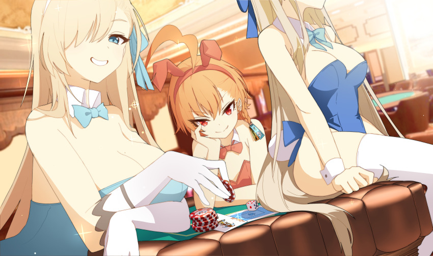 3girls absurdres ahoge animal_ears aqua_bow aqua_bowtie aqua_leotard arm_at_side arm_support asuna_(blue_archive) asuna_(bunny)_(blue_archive) asymmetrical_bangs bare_shoulders blonde_hair blue_archive blue_bow blue_eyes blue_leotard bow bowtie braid breasts casino cleavage closed_mouth collar desk detached_collar dot_nose elbow_gloves fake_animal_ears gloves grin hair_bow hair_over_one_eye hand_on_own_face head_out_of_frame highleg highleg_leotard highres holding_poker_chip huge_ahoge indoors large_breasts leotard long_hair looking_at_viewer medium_breasts mole mole_on_breast mole_under_eye multiple_girls nabi_(ybbvgvgvg) neru_(blue_archive) neru_(bunny)_(blue_archive) official_alternate_costume official_alternate_hairstyle on_desk one_eye_covered orange_hair playboy_bunny poker_chip rabbit_ears rabbit_tail red_eyes red_leotard short_hair side_braid single_braid sitting smile sparkle straight_hair strapless strapless_leotard tail thighs toki_(blue_archive) toki_(bunny)_(blue_archive) very_long_hair white_collar white_gloves white_wrist_cuffs wrist_cuffs