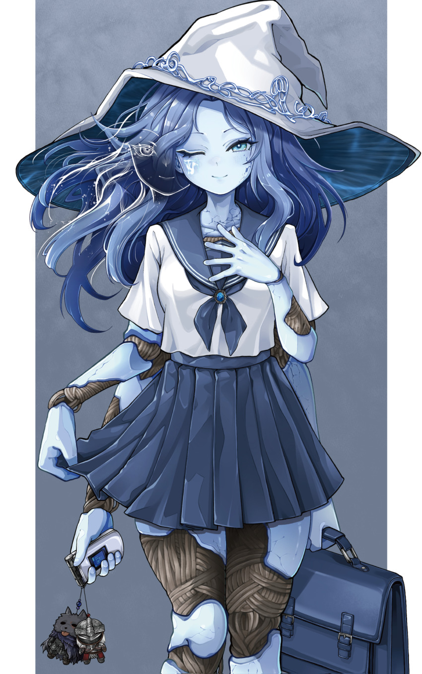1girl alternate_costume bag blaidd_the_half-wolf bloody_wolf_(elden_ring) blue_background blue_bag blue_eyes blue_hair blue_neckerchief blue_sailor_collar blue_skirt blush border brooch cellphone character_doll commentary_request contemporary cracked_skin doll doll_joints elden_ring extra_arms extra_faces facial_tattoo fingernails glowing_tattoo hand_on_own_chest hat highres holding holding_bag holding_phone jewelry joints large_hat long_hair looking_at_viewer miniskirt neckerchief one_eye_closed outside_border phone pleated_skirt ranni_the_witch sailor_collar school_bag school_uniform serafuku shirt short_sleeves simple_background skirt solo tarnished_(elden_ring) tattoo wavy_hair white_border white_hat white_shirt witch_hat xoo_(pixiv_100957810)