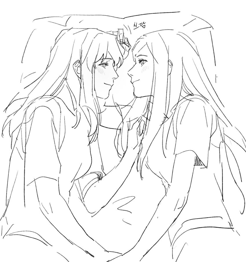 2girls blush closed_mouth commentary_request eye_contact fujino_shizuru greyscale guri_gom hand_on_another&#039;s_head highres holding_hands korean_commentary korean_text kuga_natsuki long_hair looking_at_another lying monochrome multiple_girls my-hime on_bed on_side pillow short_sleeves smile translation_request yuri