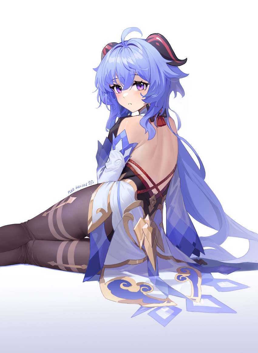 1girl absurdres ahoge artist_name ass back backless_outfit bare_shoulders black_leotard black_pantyhose blue_hair blush bodystocking bodysuit bow dated detached_sleeves fled from_behind ganyu_(genshin_impact) genshin_impact gold_trim highres horns jewelry leotard leotard_under_clothes long_hair looking_at_viewer looking_back pantyhose purple_eyes sidelocks simple_background sitting solo thigh_gap thighlet waist_cape white_background white_sleeves yokozuwari