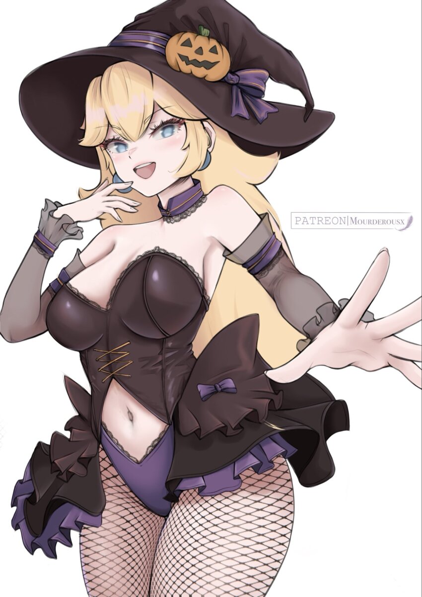 1girl blonde_hair blue_eyes breasts clothing_cutout detached_collar detached_sleeves earrings fishnet_pantyhose fishnets hat highres jewelry large_breasts leotard long_hair looking_at_viewer mario_(series) mourderousx multicolored_leotard navel_cutout nintendo open_mouth pantyhose princess_peach showgirl_skirt solo sphere_earrings strapless strapless_leotard two-tone_leotard white_background witch witch_hat
