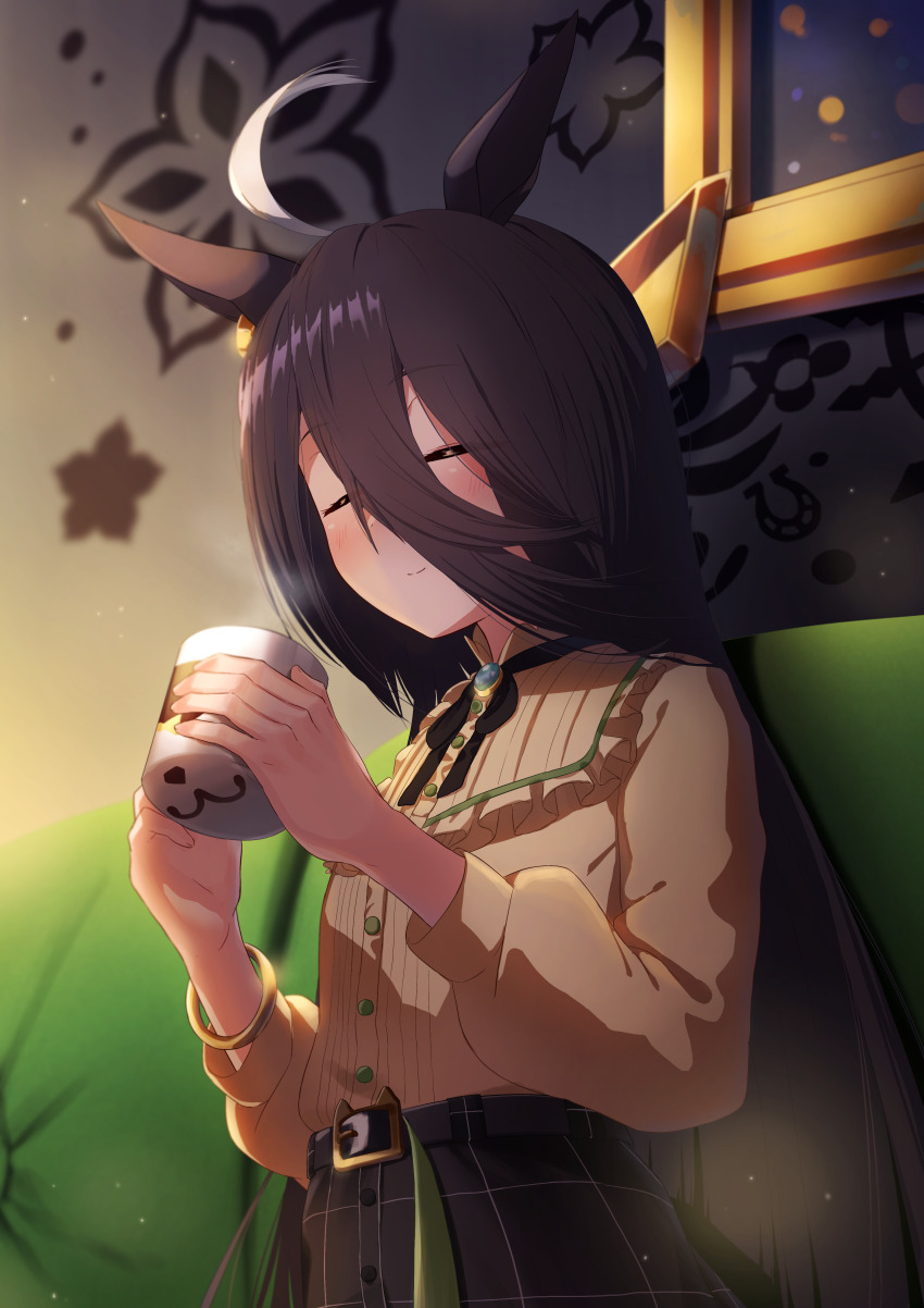 1girl absurdres ahoge animal_ears black_hair black_ribbon black_skirt blush bracelet closed_eyes coffee commentary couch cowboy_shot cup english_commentary frills hair_between_eyes highres holding holding_cup horse_ears horse_girl indoors jewelry long_hair long_hair_between_eyes manhattan_cafe_(umamusume) multicolored_hair neck_ribbon reo-illust4696 ribbon shirt skirt smile solo streaked_hair umamusume white_hair yellow_shirt