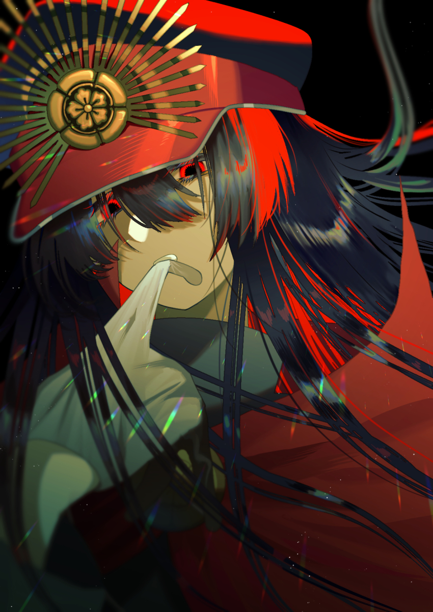 1girl biting biting_glove black_background black_hair cape crest family_crest fate/grand_order fate_(series) glove_in_mouth glove_pull gloves hair_between_eyes hat highres jacket kmot_ybsg long_hair looking_at_viewer mouth_hold mouth_pull oda_nobunaga_(fate) oda_uri peaked_cap red_cape red_eyes solo teeth_hold white_gloves