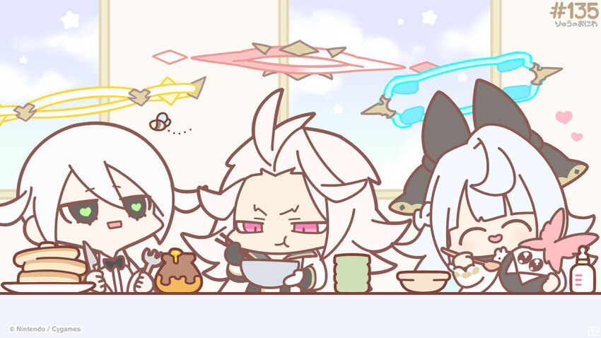 1boy 2girls baby_bottle black_eyes bottle bowl chibi chibi_only closed_eyes closed_mouth cup dragalia_lost food gabriel_(dragalia_lost) halo heart heart-shaped_pupils honey long_hair mechanical_halo multiple_girls official_art pancake pinon_(dragalia_lost) red_eyes sandalphon_(dragalia_lost) short_hair symbol-shaped_pupils teacup uriel_(dragalia_lost) white_hair