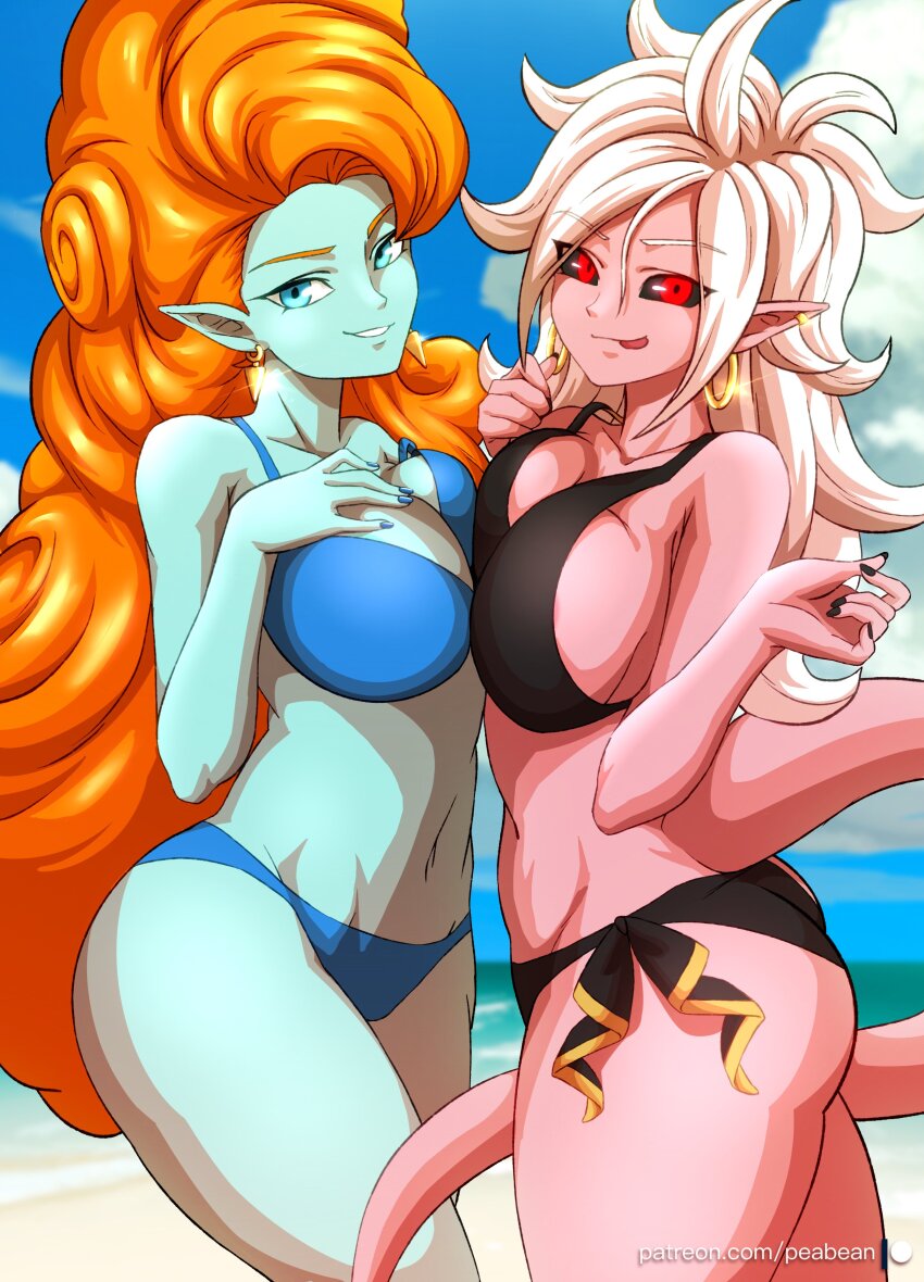 2girls absurdres android_21 aqua_skin ass bare_shoulders beach bikini black_bikini black_nails black_sclera blue_bikini blue_eyes blue_nails blue_skin blurry blurry_background breasts collarbone colored_sclera colored_skin cowboy_shot curly_hair dragon_ball dragon_ball_fighterz dragonball_z earrings highres hoop_earrings jewelry large_breasts long_hair majin_android_21 multiple_girls navel ocean orange_hair pea-bean pink_skin pink_tail pointy_ears red_eyes smile spiked_hair swimsuit thick_thighs thighs tongue tongue_out white_hair zangya