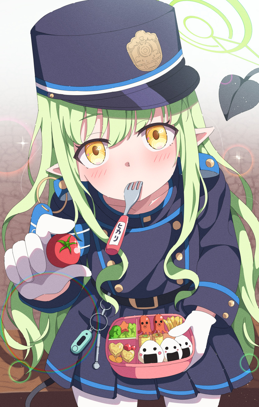 1girl absurdres bento blue_archive blue_hat blue_jacket blue_skirt blush demon_tail food fork from_above gloves green_hair hair_between_eyes hat highres hikari_(blue_archive) holding holding_bento holding_food jacket long_hair looking_at_viewer mikoshi_(user_wvyd4348) pantyhose peaked_cap pointy_ears sidelocks skirt tail utensil_in_mouth white_gloves white_pantyhose yellow_eyes
