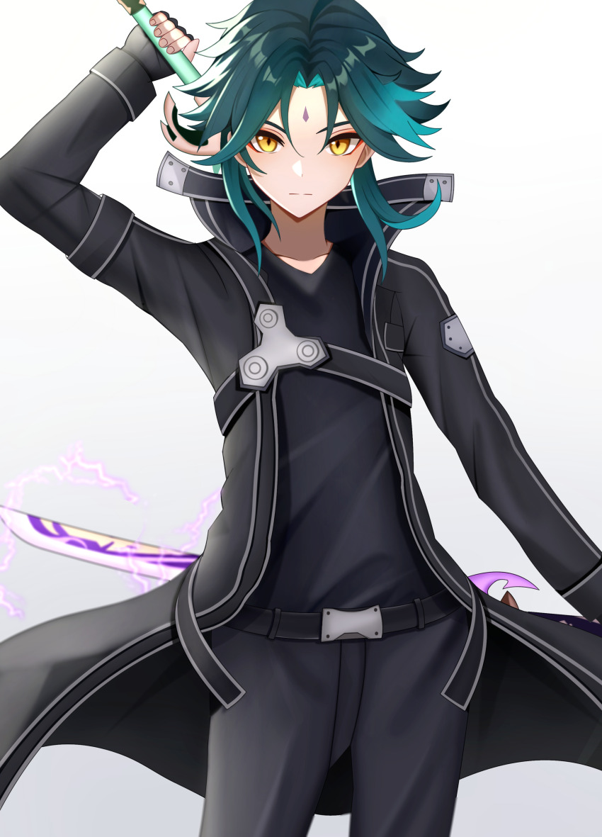 1boy absurdres black_hair cosplay facial_mark fingerless_gloves forehead_mark genshin_impact gloves green_hair highres holding holding_sword holding_weapon jewelry kenomotsu_yukuwa kirito kirito_(cosplay) male_focus multicolored_hair short_hair solo sword sword_art_online voice_actor_connection weapon xiao_(genshin_impact) yellow_eyes