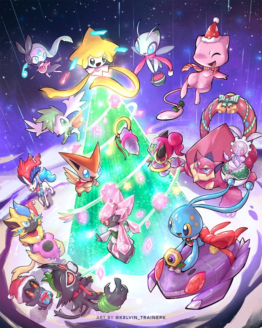 :d celebi commentary diancie floating gen_1_pokemon gen_2_pokemon gen_3_pokemon gen_4_pokemon gen_5_pokemon gen_6_pokemon gen_7_pokemon gen_8_pokemon genesect glowing green_eyes hat highres hoopa hoopa_(confined) jirachi keldeo kelvin-trainerk legendary_pokemon looking_up magearna manaphy marshadow meloetta mew_(pokemon) mythical_pokemon night nintendo no_humans open_mouth outdoors pokemon pokemon_(creature) red_headwear santa_hat shaymin shaymin_(sky) smile twitter_username victini volcanion watermark zarude zeraora