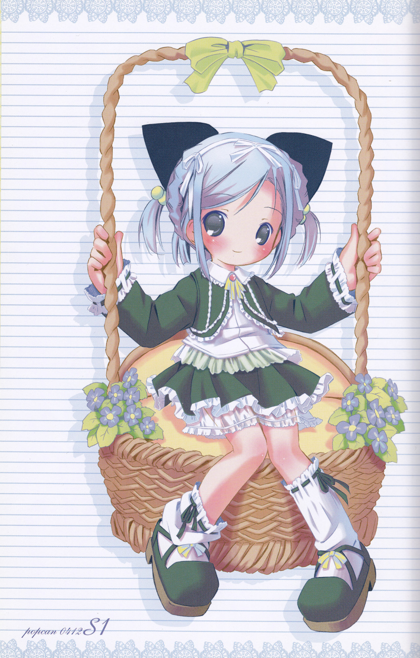 1girl absurdres animal_ears basket blue_hair cat_ears female_focus flower full_body green_hair grey_eyes hair_bobbles hair_ornament hair_ribbon highres holding kneehighs pop primrose_(flower) ribbon shoes simple_background sitting skirt skirt_set socks solo striped_background twintails white_socks