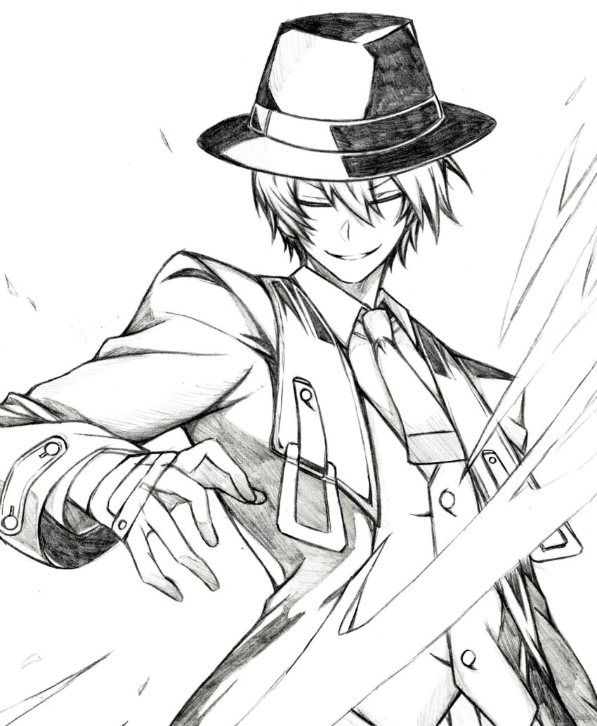 1boy blazblue buttons closed_eyes collared_shirt commentary_request graphite_(medium) greyscale hair_between_eyes hat hazama highres jacket male_focus monochrome necktie open_clothes open_jacket seishun_dendeke shirt short_hair smile solo standing top_hat traditional_media