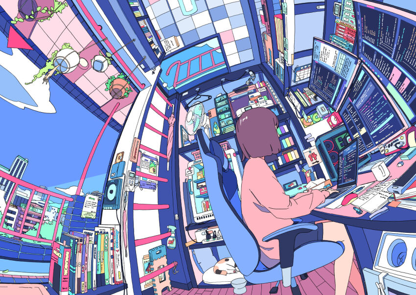 1girl akabane_1999 book bookshelf brown_hair cat chair clock commentary_request computer computer_keyboard computer_mouse cup fisheye flat_color highres indoors loaded_interior long_sleeves original plant scenery shelf short_hair sitting slice_of_life solo swivel_chair window