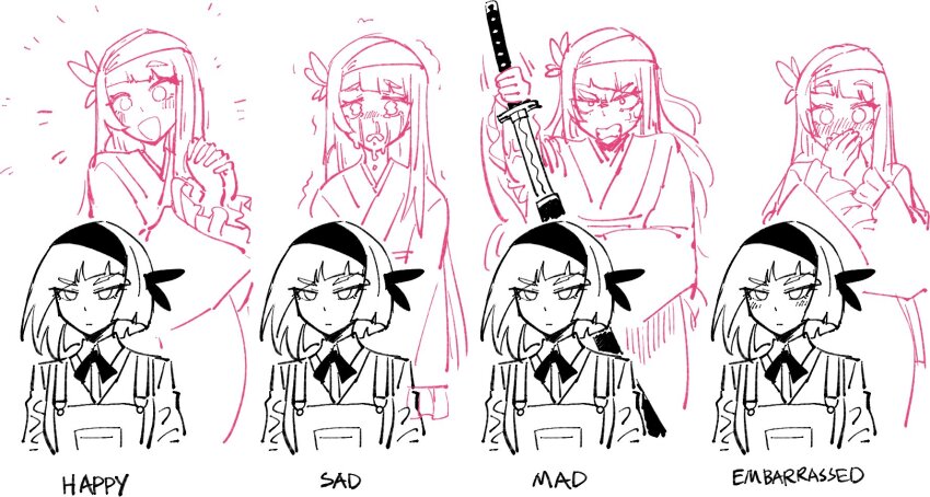 1girl adapted_costume angry apron blush closed_mouth commentary crying embarrassed english_commentary greyscale hairband happy highres japanese_clothes kaibootsu kimono konpaku_youmu konpaku_youmu_(ghost) long_hair looking_at_viewer monochrome multiple_expressions sad sheath short_hair touhou unsheathing upper_body