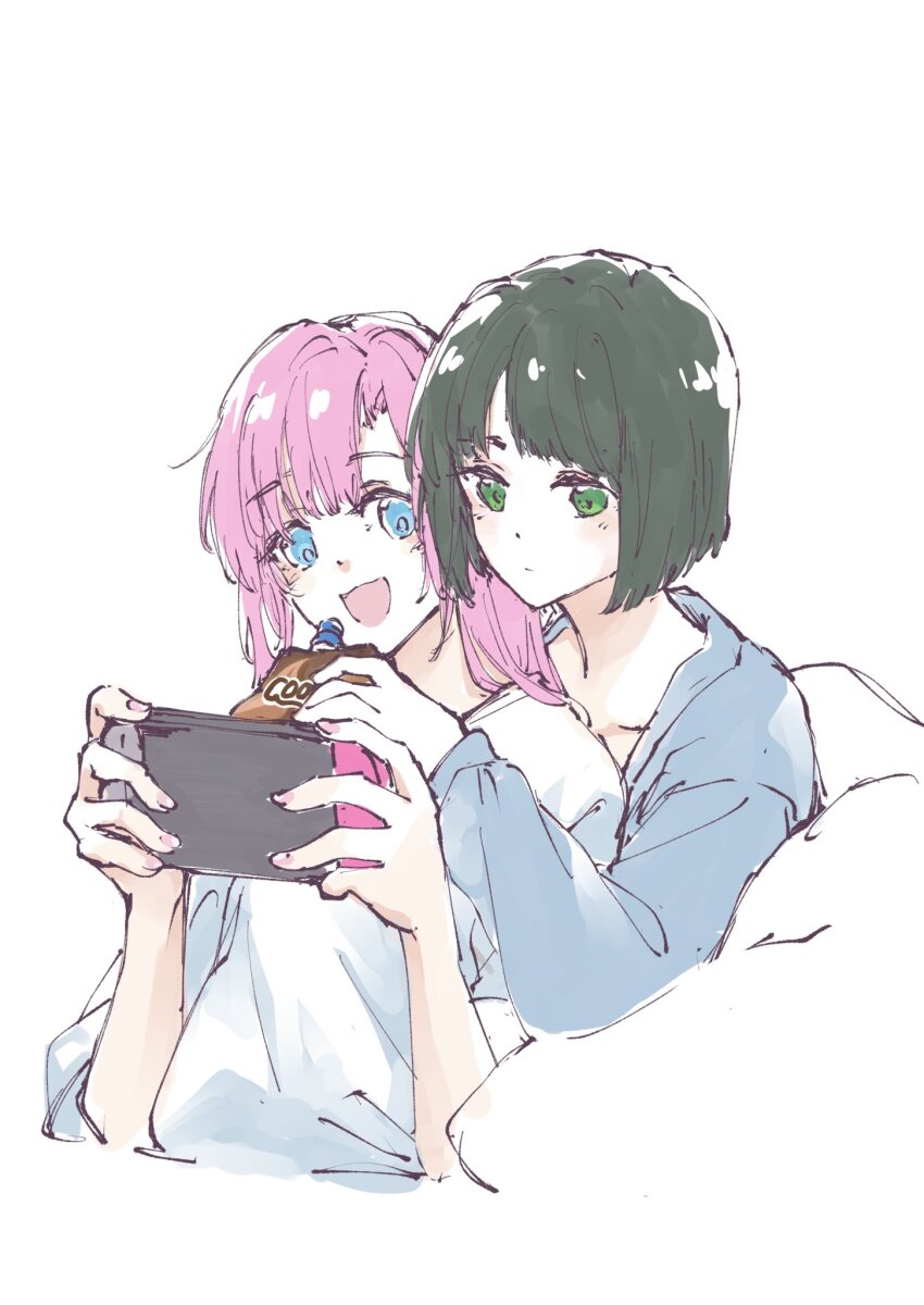 2girls :d anyoji_hime anyoji_hime_(summer_loungewear) black_hair blue_cardigan blue_eyes blunt_bangs blunt_ends bob_cut cardigan collarbone cropped_torso drink green_eyes handheld_game_console highres holding holding_drink holding_handheld_game_console l9525 link!_like!_love_live! long_hair love_live! momose_ginko momose_ginko_(summer_loungewear) multiple_girls nintendo_switch official_alternate_costume open_mouth shirt short_hair short_sleeves simple_background smile t-shirt virtual_youtuber white_background white_shirt