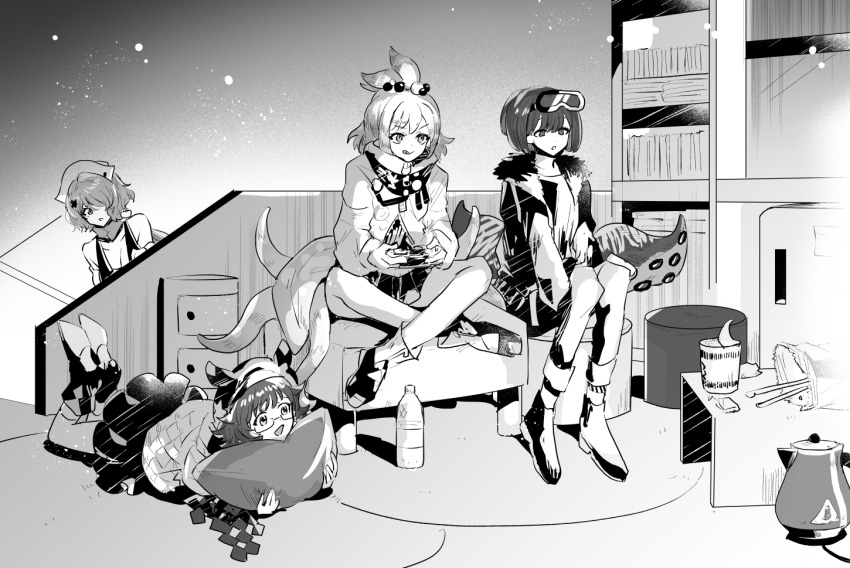 4girls andreana_(arknights) arknights bag_of_chips bottle chopsticks controller crossed_legs cushion deepcolor_(arknights) electric_kettle full_body fur-trimmed_jacket fur_trim game_controller glasses goggles goggles_on_head hair_bobbles hair_ornament hair_over_one_eye hat holding holding_controller holding_cushion holding_game_controller iwashi_80 jacket kettle kirara_(arknights) legs_up lying multiple_girls nissin_cup_noodle nurse_cap on_stomach playing_games shelf shoes short_hair sitting skirt stairs stool table tentacles water_bottle whisperain_(arknights)
