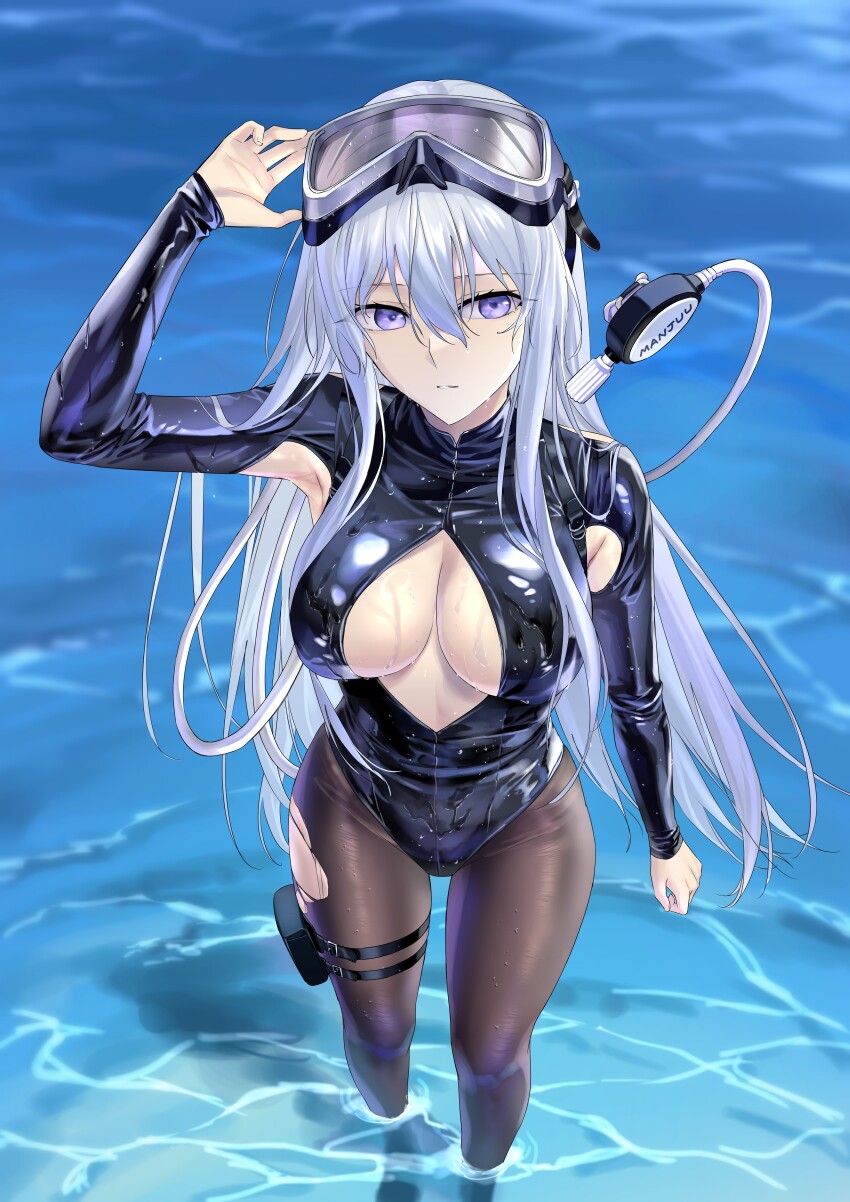1girl absurdres armpit_cutout azur_lane black_wetsuit blue_eyes bodysuit center_opening clothing_cutout diving_mask diving_mask_on_head diving_suit enterprise_(azur_lane) enterprise_(diving_under_blue_skies)_(azur_lane) goggles goggles_on_head hand_up highres official_alternate_costume open_wetsuit pantyhose pantyhose_under_swimsuit partially_submerged pouch scuba scuba_gear solo suprii swim_goggles swimsuit thigh_pouch thigh_strap torn_clothes torn_pantyhose wet wetsuit white_hair