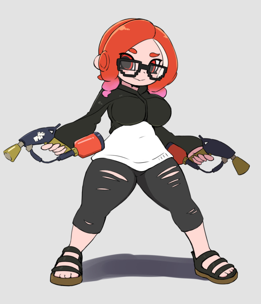 1girl black_hoodie black_pants black_sandals breasts drill_hair dual_wielding glasses gradient_hair grey_background gun highres holding holding_gun holding_weapon hood hoodie large_breasts long_hair long_sleeves looking_at_viewer miyazero multicolored_hair nintendo octoling octoling_girl octoling_player_character octopus_girl orange_eyes orange_hair pants pink_hair pointy_ears sandals smile splat_dualies_(splatoon) splatoon_(series) standing suction_cups tentacle_hair thick_thighs thighs torn_clothes torn_pants two-tone_hair weapon wide_hips