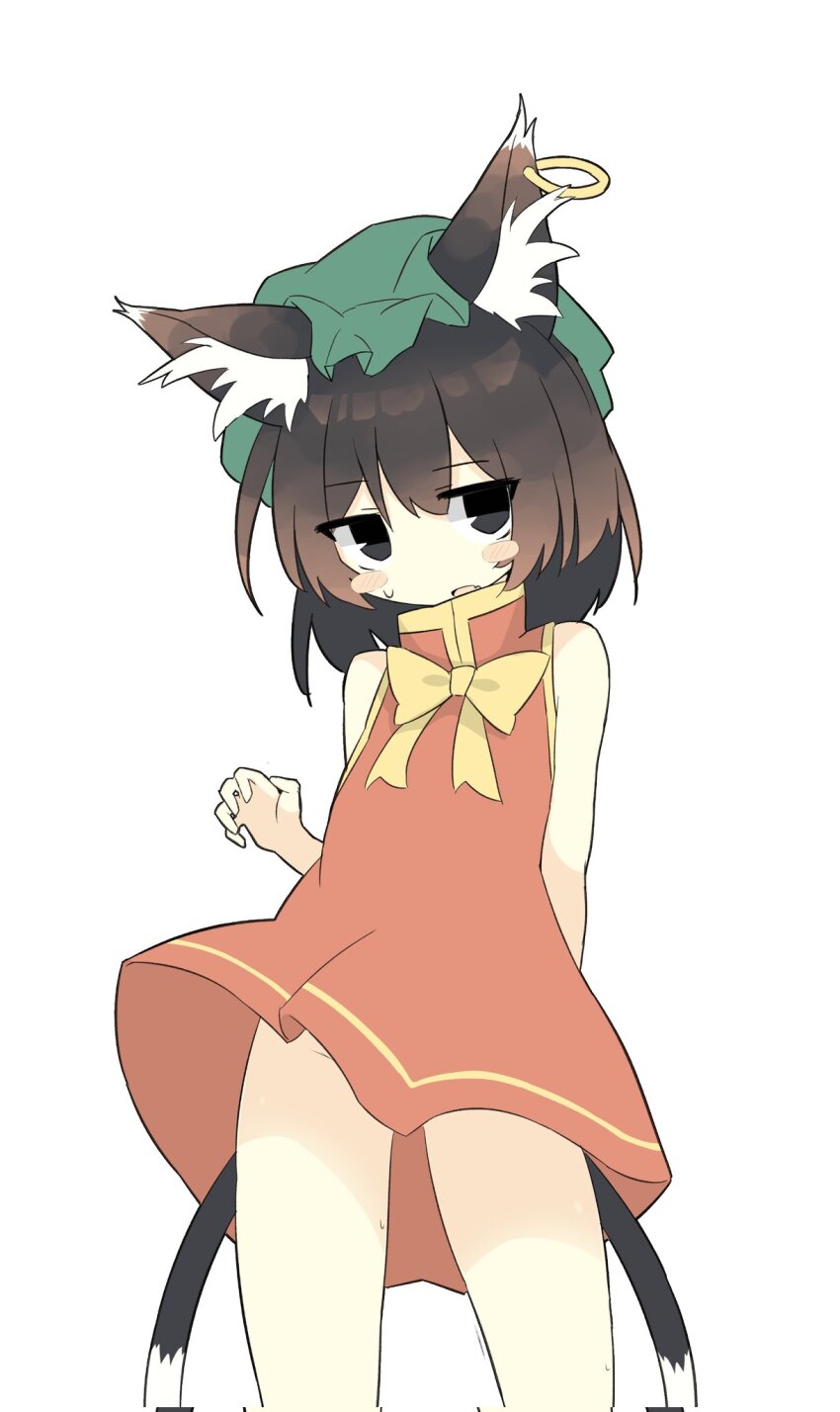 1girl adapted_costume animal_ear_fluff animal_ear_piercing animal_ears arm_behind_back bare_arms bare_shoulders black_eyes blush_stickers bow bowtie brown_hair cat_ears cat_tail chen commentary_request cowboy_shot double-parted_bangs dress earrings flat_chest green_hat hair_between_eyes hand_up hat highres jewelry jitome legs_apart looking_at_viewer medium_hair mob_cap multiple_tails nekomata red_dress ro_74 simple_background single_earring solo sweat tail touhou two_tails white_background yellow_bow yellow_bowtie