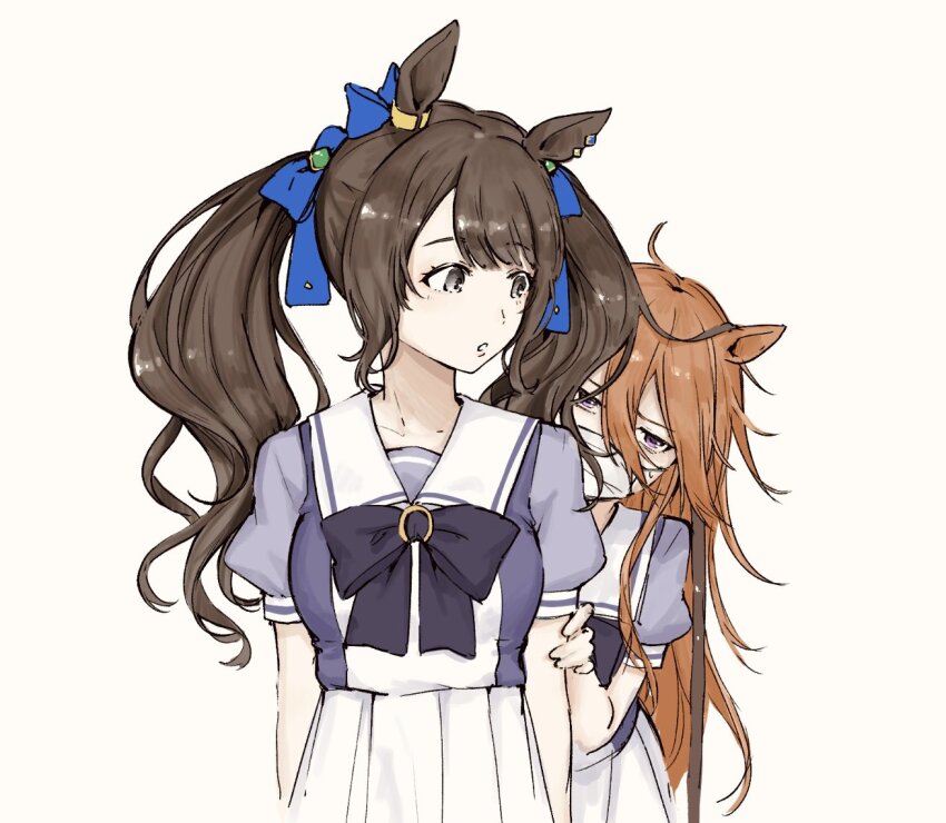 2girls :o aburi-gatana animal_ears arms_at_sides black_eyes bow bowtie breasts brown_hair floating hiding hiding_behind_another horse_ears horse_girl long_hair looking_at_another looking_at_viewer mask mouth_mask multiple_girls orange_hair orfevre_(old_design)_(umamusume) purple_eyes purple_shirt sailor_collar school_uniform shirt simple_background skirt small_breasts standing surgical_mask tosen_jordan_(umamusume) tracen_school_uniform twintails umamusume upper_body white_background white_skirt