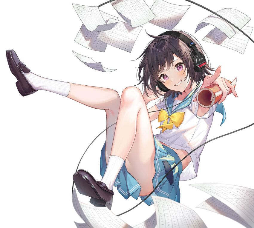 1girl adjusting_headphones book bow bowtie brown_hair cable convenient_censoring cover cover_page cropped_shirt dress_shoes floating full_body gogo_4-ji_toumei_tokidoki_seiyuu grin highres holding holding_book ichikawa_haru leg_up novel_cover official_art paper pleated_skirt pointing pointing_at_viewer purple_eyes sailor_collar sailor_shirt school_uniform second-party_source shirt short_hair simple_background skirt smile solo white_background yamada_rana