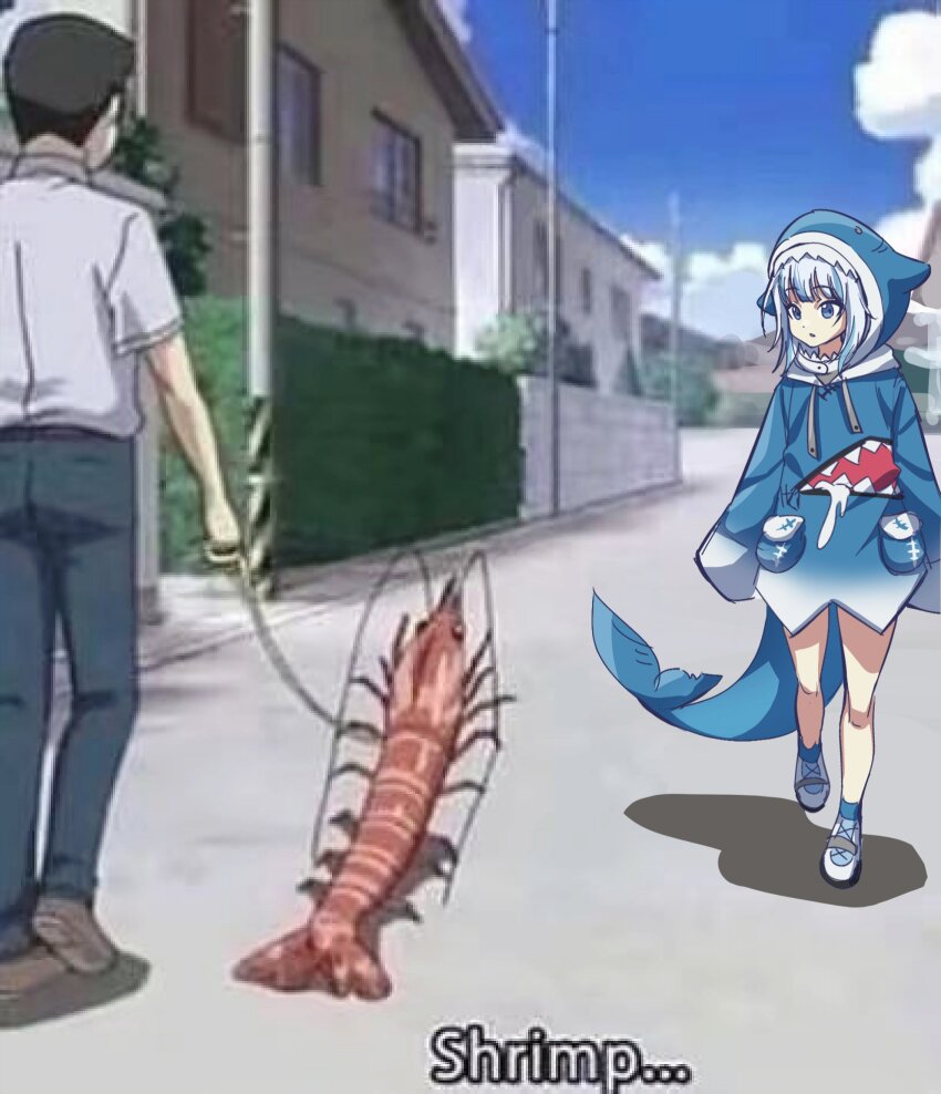 1boy 1girl animal_costume animal_hood blue_eyes blue_hair blue_hoodie blue_sky cloud commentary derivative_work drawstring english_text fins fish_tail gawr_gura gawr_gura_(1st_costume) grey_hair hair_ornament highres hololive hololive_english hood hoodie house jpeg_artifacts_on_purpose leash long_sleeves multicolored_hair outdoors parody parted_lips road scene_reference screenshot_redraw shark_costume shark_girl shark_hair_ornament shark_hood shark_tail shinryaku!_ikamusume shrimp sky streaked_hair subtitled symbol-only_commentary tail virtual_youtuber walking yu_uyake15