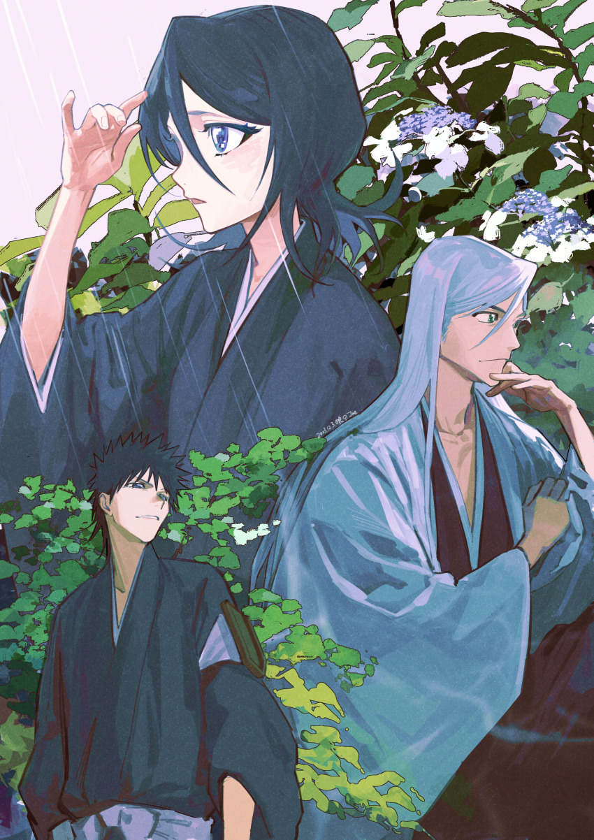 1girl 2boys absurdres black_hair black_kimono bleach green_eyes hair_between_eyes haori highres japanese_clothes jou_(jo_jjo) kimono kuchiki_rukia long_hair long_sleeves looking_to_the_side multiple_boys purple_eyes shiba_kaien short_hair taichou_haori ukitake_juushirou white_hair wide_sleeves
