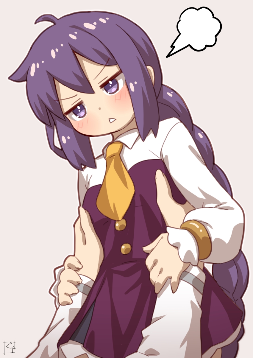 1girl absurdres aged_down blush braid braided_ponytail breasts collared_shirt dress fate/grand_order fate_(series) guriguri_(arayotto4351) half-closed_eyes highres lifting_person long_hair long_sleeves looking_at_viewer necktie paper_moon_(fate/grand_order) purple_dress purple_eyes purple_hair shirt sidelocks sion_eltnam_(type-moon) sion_eltnam_sokaris small_breasts solo_focus triangle_mouth variant_set white_shirt