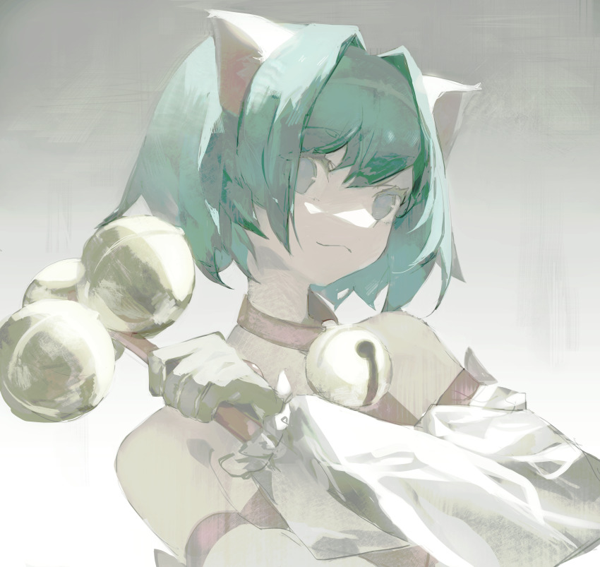 1girl absurdres animal_ears bare_shoulders bell cat_ears cat_girl closed_mouth collar detached_sleeves dress gloves gradient_background grey_background grey_eyes grey_hair hair_between_eyes hair_intakes highres light_smile looking_at_viewer magical_girl neck_bell nhk_ni_youkoso! puffy_sleeves pururin_(nhk) red_collar red_dress short_hair simple_background solo upper_body white_background white_sleeves yellow_gloves yuishironeko