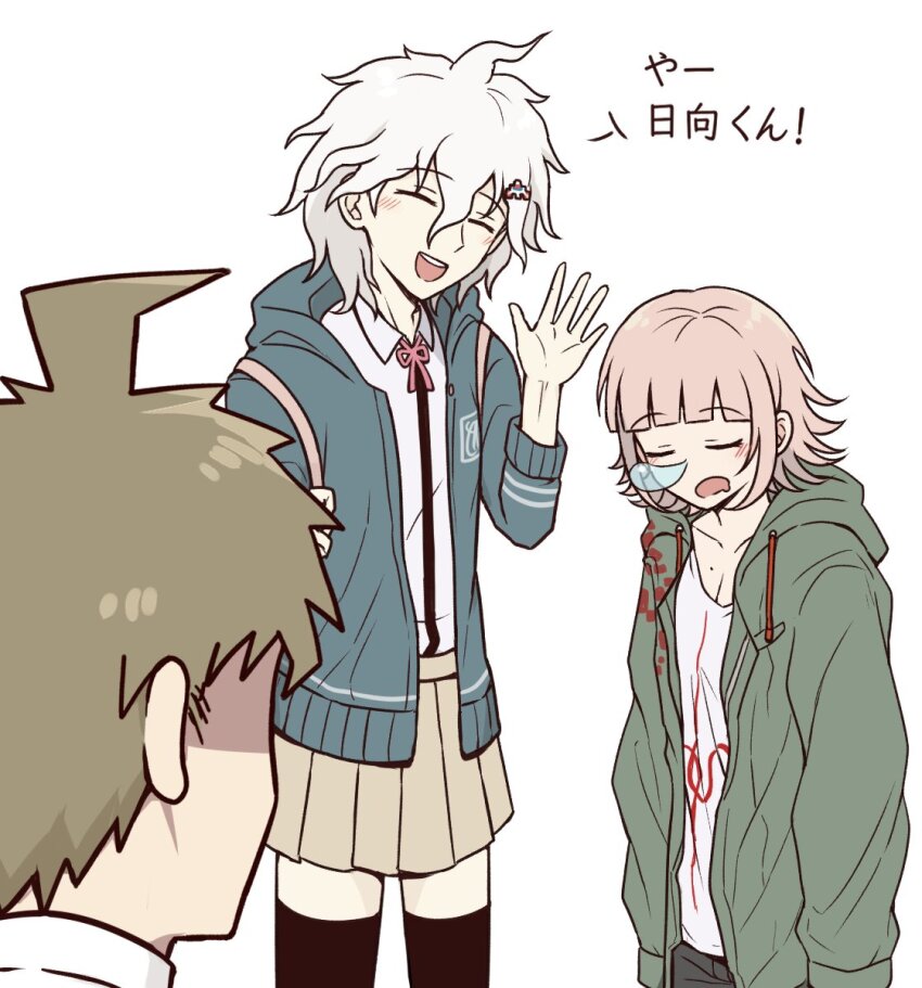 1girl 2boys :d black_shirt blush breasts brown_hair brown_skirt cosplay costume_switch crossdressing danganronpa_(series) danganronpa_2:_goodbye_despair hair_between_eyes hand_up happy highres hinata_hajime jacket kmnm_1403 komaeda_nagito komaeda_nagito_(cosplay) miniskirt mole mole_on_breast multiple_boys nanami_chiaki nanami_chiaki_(cosplay) neck_ribbon no_hair_ornament nose_bubble open_clothes open_jacket open_mouth pink_ribbon print_shirt ribbon shirt skirt sleeping sleeping_upright smile spaceship_hair_ornament thighhighs two-tone_shirt white_shirt zettai_ryouiki