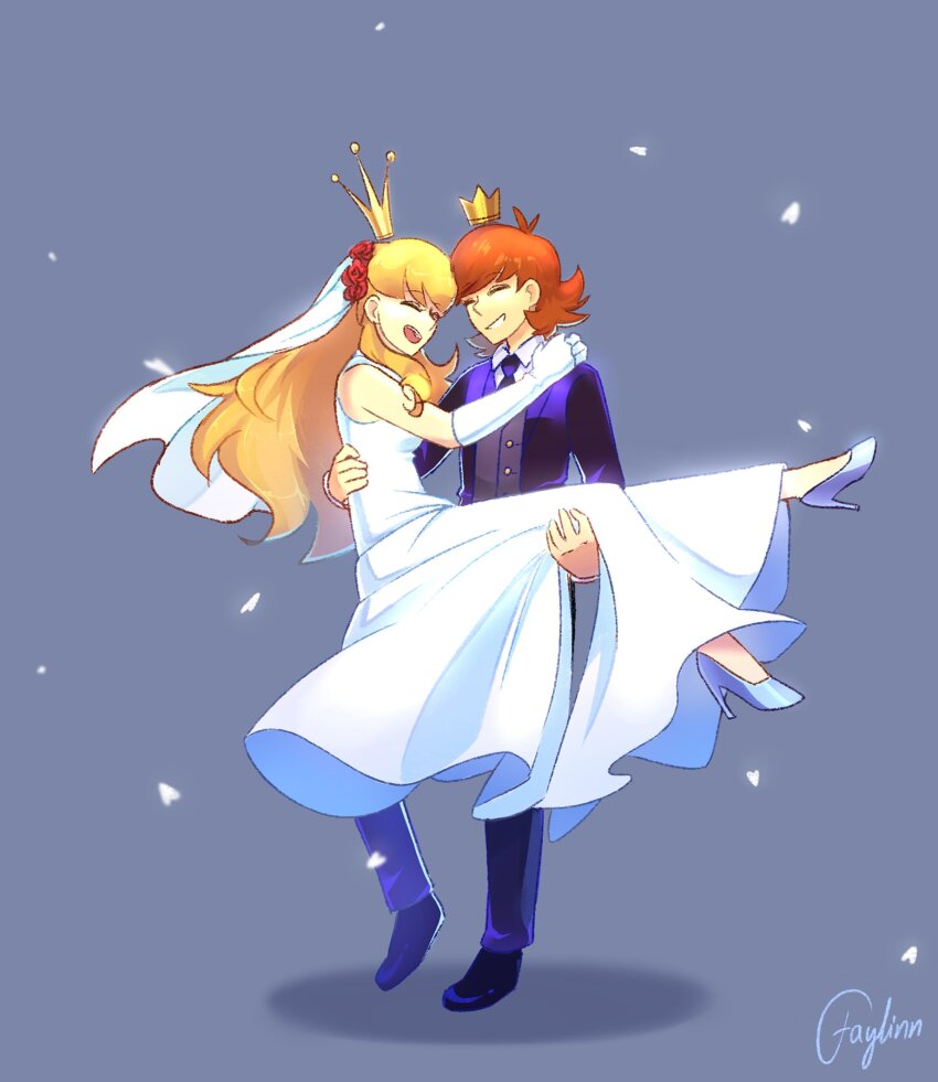 1boy 1girl a_hat_in_time ahoge alternate_universe black_shoes blonde_hair bridal_veil buttons carrying carrying_person closed_eyes collared_shirt commentary confetti crown dress dress_pants dress_shoes elbow_gloves english_commentary face-to-face facing_another floating_crown flower formal_clothes full_body gloves gold_crown grey_background hair_flower hair_ornament hands_on_another&#039;s_shoulders happy heads_together heel_up high_heels highres jacket long_dress long_hair long_sleeves medium_hair necktie open_mouth orange_hair pants pointed_crown princess_carry purple_jacket purple_necktie purple_pants purple_suit queen_vanessa red_flower red_rose rose shadow shirt shoes signature simple_background sleeveless sleeveless_dress smile snatcher_(a_hat_in_time) standing suit suit_jacket teeth upper_teeth_only veil vest waistcoat wedding wedding_dress white_dress white_gloves white_shirt white_shoes white_veil xxfaylinnxx