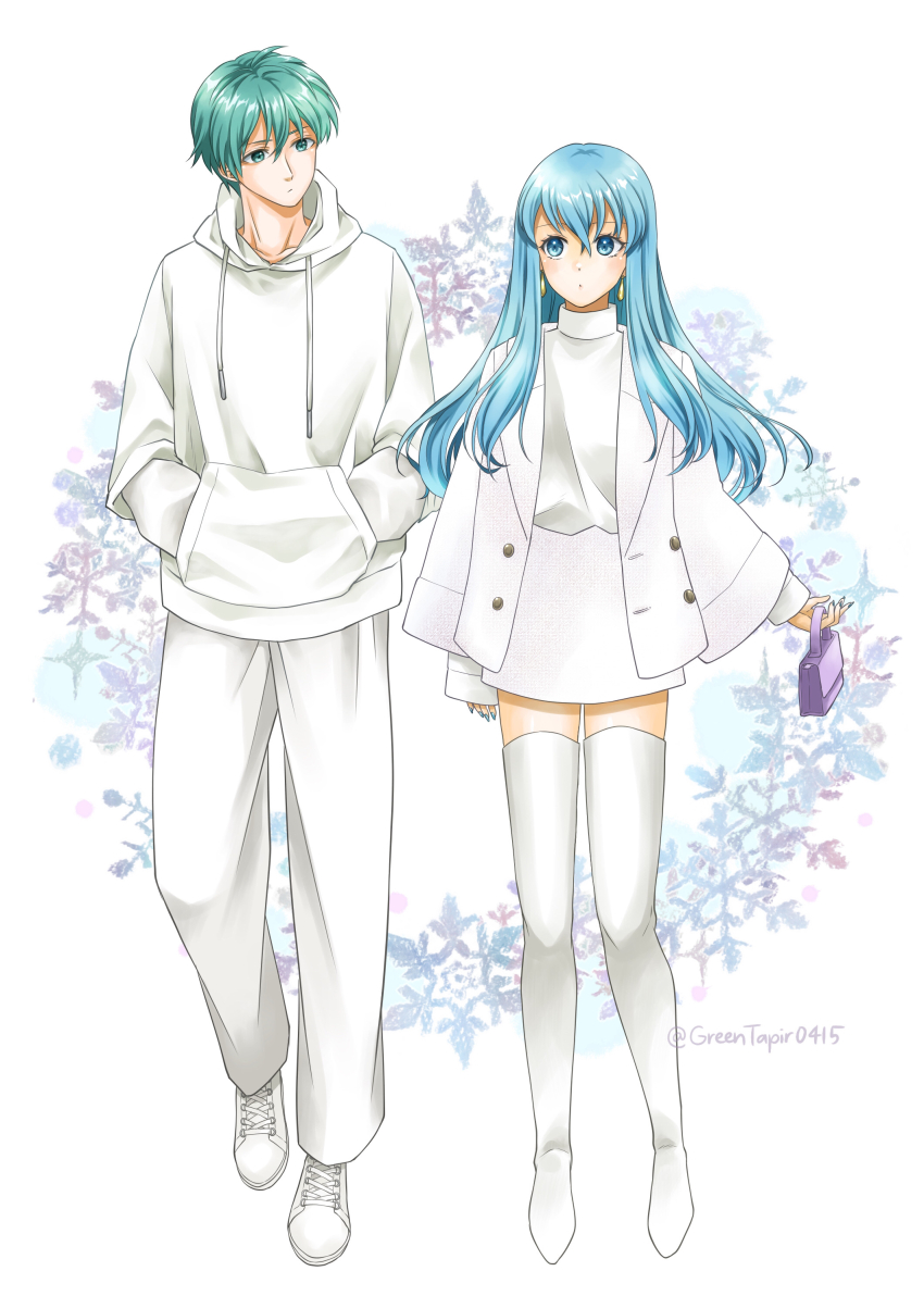 1boy 1girl absurdres aqua_eyes aqua_hair artist_name bag blue_eyes blue_hair boots brother_and_sister closed_mouth commentary_request eirika_(fire_emblem) ephraim_(fire_emblem) fire_emblem fire_emblem:_the_sacred_stones full_body handbag highres holding holding_bag hood hoodie jacket long_hair midori_no_baku nintendo open_clothes open_jacket pants shoes short_hair siblings thigh_boots white_background white_footwear white_hoodie white_jacket white_pants